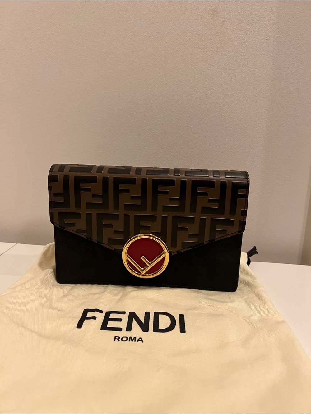 Fendi Black & Brown FF Logo Envelope Clutch with chain Red Gold Emblem